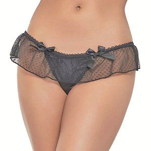Skirted Black Thong Womens Plus Size 1x2x Satin and Dot Mesh Panty